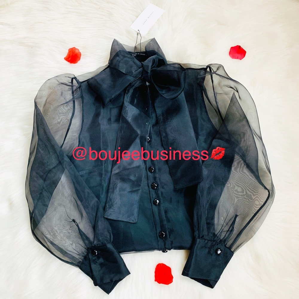 ZARA Semi Sheer Blouse with Tied Bow - Picture 5 of 8